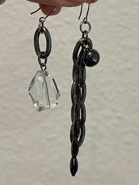 Asymmetric Silver-Tone Chain and Crystal Drop Earrings
